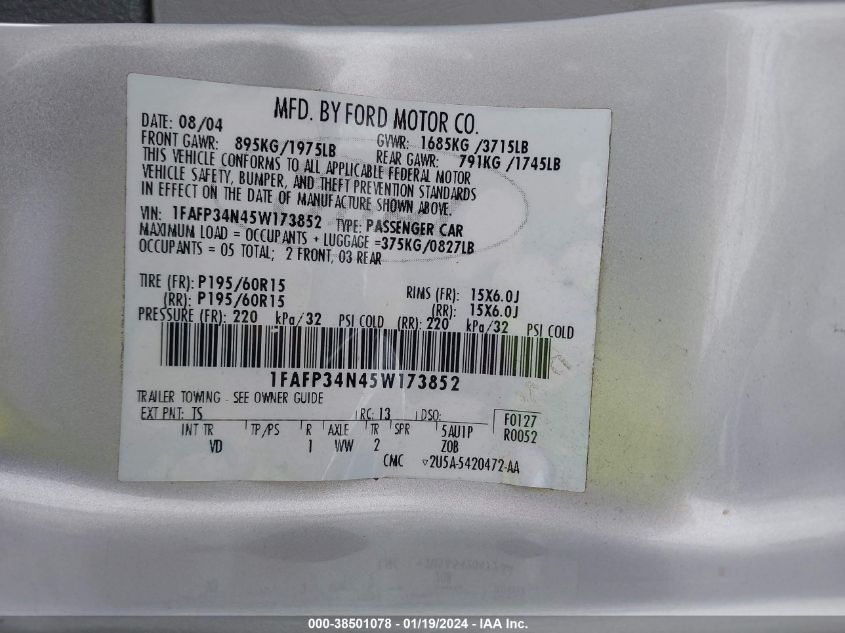 1FAFP34N45W173852 | 2005 FORD FOCUS