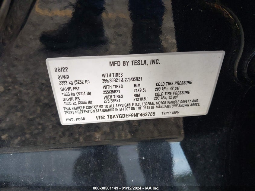 VIN 7SAYGDEF9NF463785 2022 TESLA MODEL Y PERFORMANCE DUAL MOTOR ALL-WHEEL DRIVE