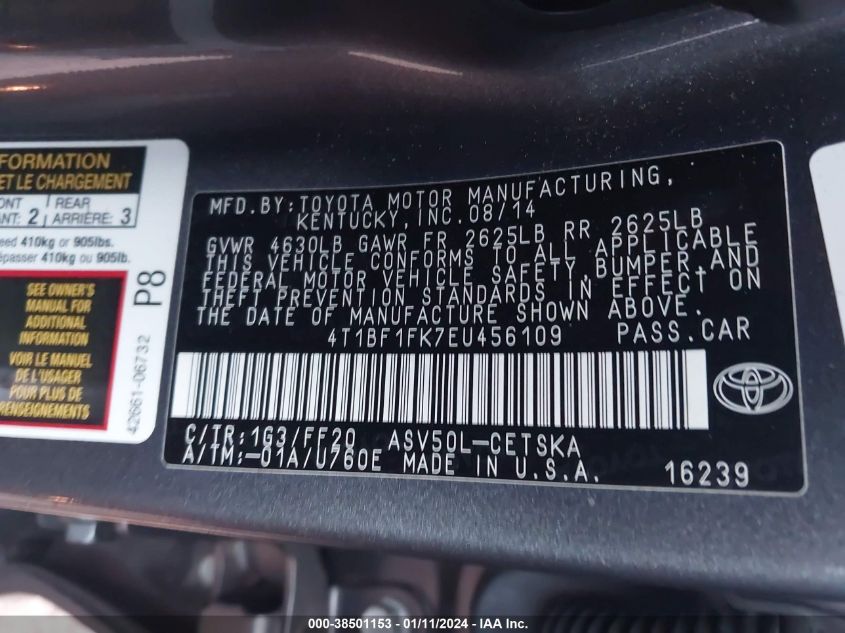 2014 TOYOTA CAMRY L/SE/LE/XLE - 4T1BF1FK7EU456109
