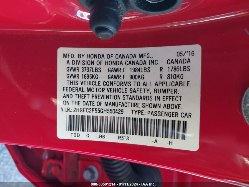2016 HONDA CIVIC LX - 2HGFC2F55GH550429