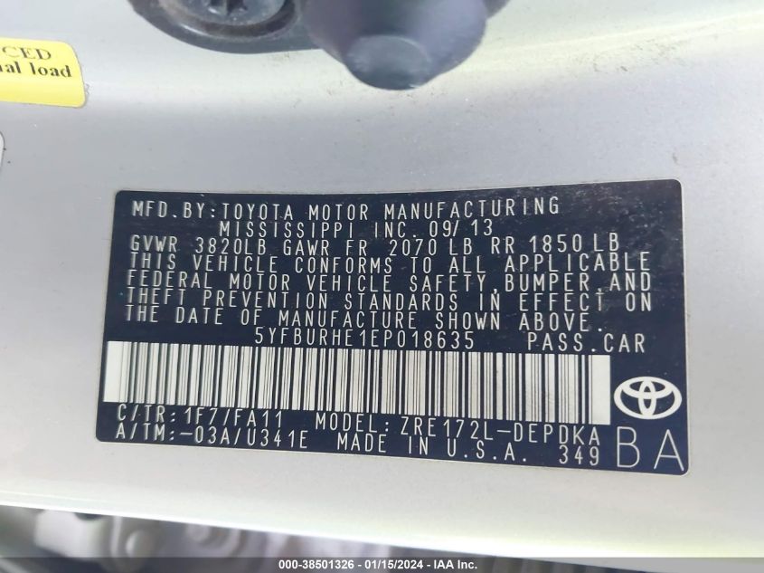 2014 TOYOTA COROLLA L - 5YFBURHE1EP018635