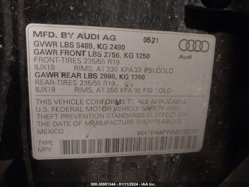 WA1BAAFY6M2102707 2021 AUDI Q5, photo no. 9