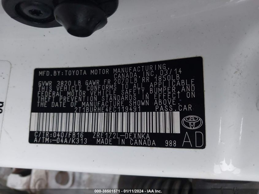2014 TOYOTA COROLLA LE - 2T1BURHE4EC119491