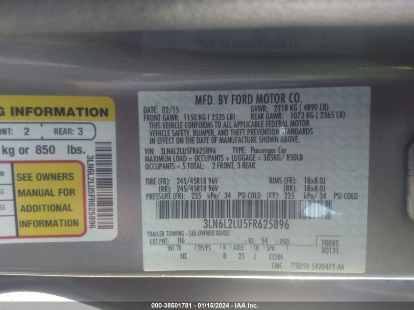 2015 LINCOLN MKZ HYBRID - 3LN6L2LU5FR625896