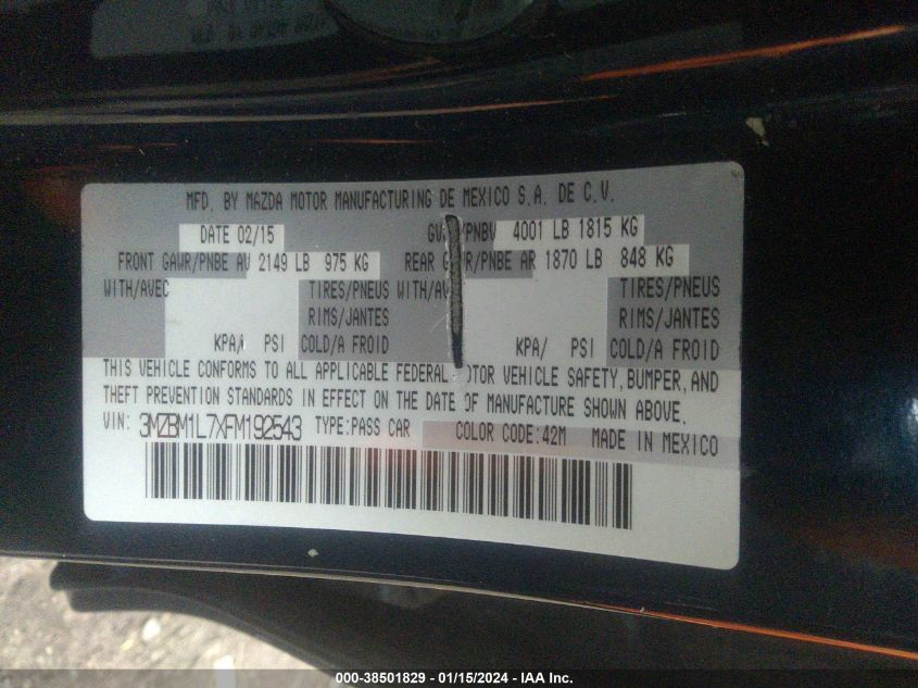 2015 MAZDA MAZDA3 I TOURING - 3MZBM1L7XFM192543