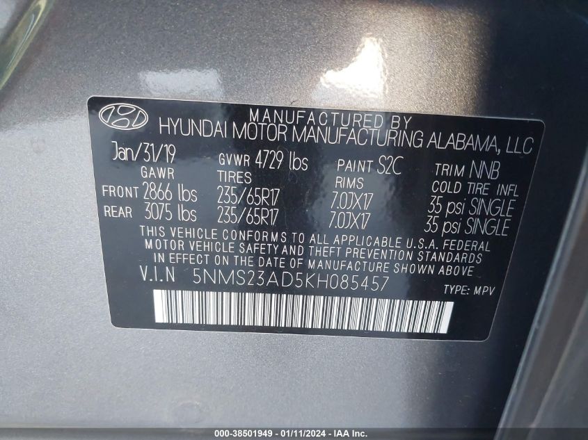 2019 HYUNDAI SANTA FE SE - 5NMS23AD5KH085457