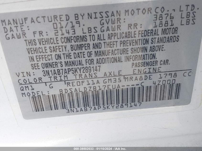 2019 NISSAN SENTRA SV - 3N1AB7AP5KY289147