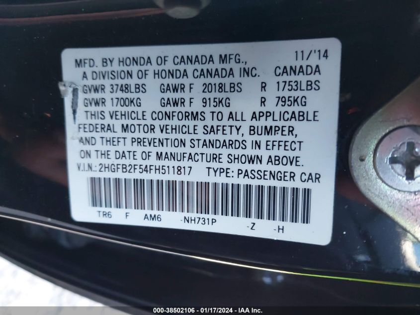 2015 HONDA CIVIC LX - 2HGFB2F54FH511817