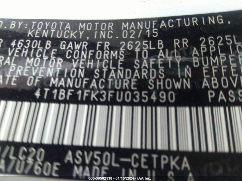 2015 TOYOTA CAMRY LE/XLE/SE/XSE - 4T1BF1FK3FU035490
