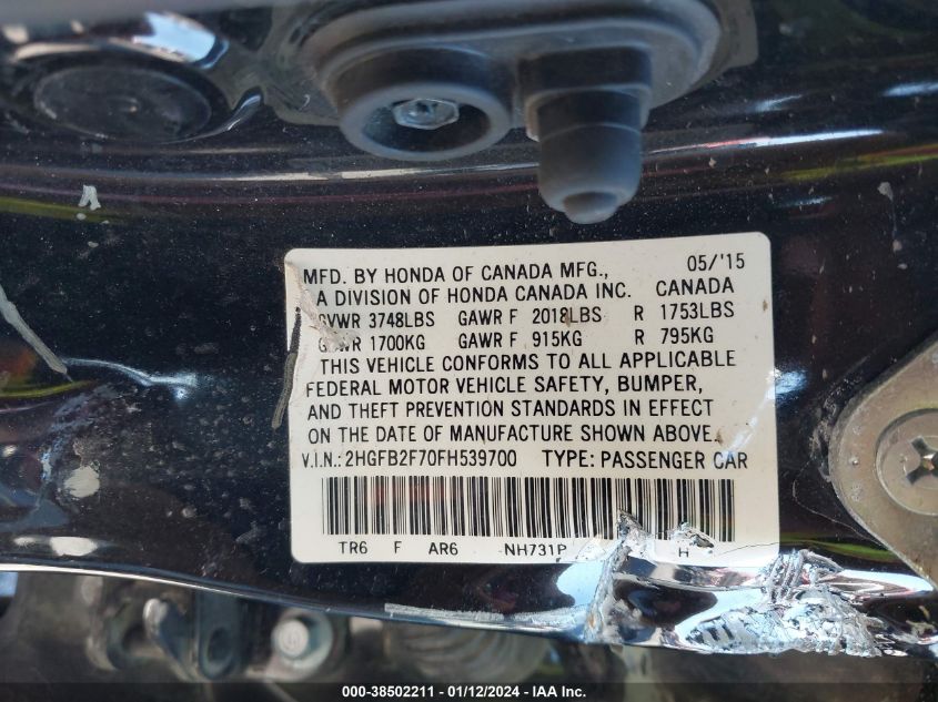 2015 HONDA CIVIC SE - 2HGFB2F70FH539700