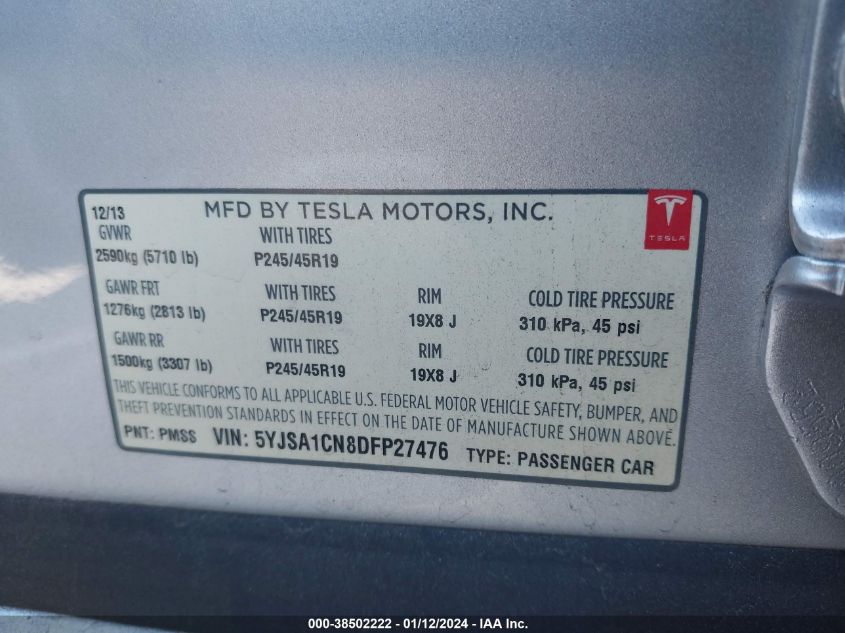 2013 TESLA MODEL S - 5YJSA1CN8DFP27476