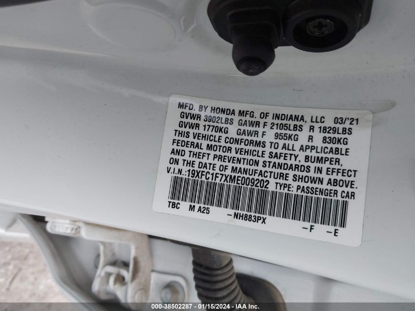 2021 HONDA CIVIC EXL - 19XFC1F7XME009202