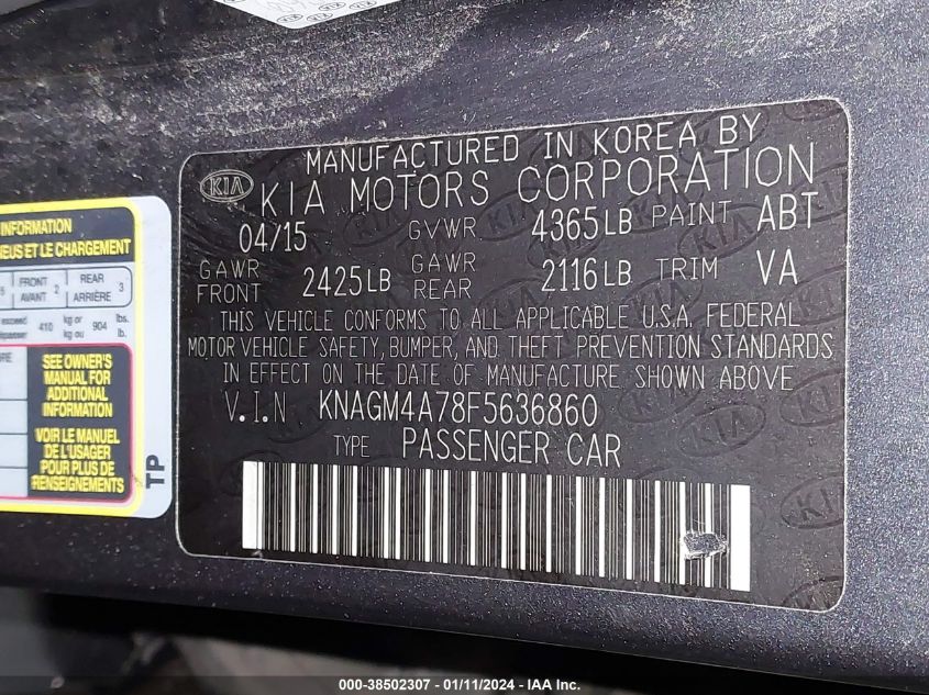 2015 KIA OPTIMA LX - KNAGM4A78F5636860