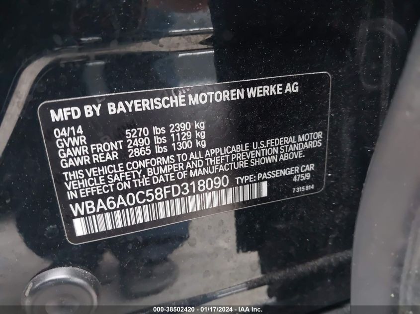 2015 BMW 640I GRAN COUPE WBA6A0C58FD318090