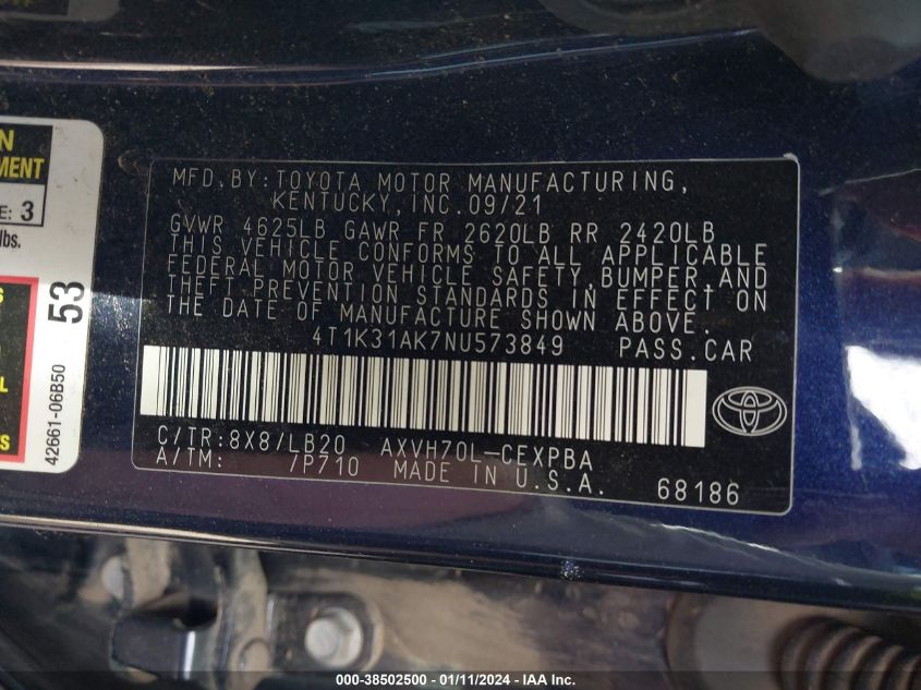 2022 TOYOTA CAMRY XSE - 4T1K31AK7NU573849