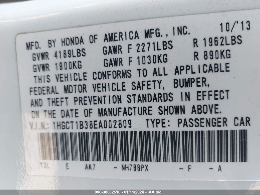 2014 HONDA ACCORD LX-S - 1HGCT1B38EA002809