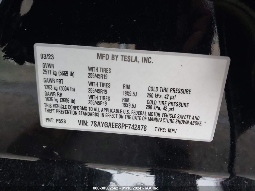 VIN 7SAYGAEE8PF742878 2023 TESLA MODEL Y AWD/LONG RANGE DUAL MOTOR ALL-WHEEL DRIVE