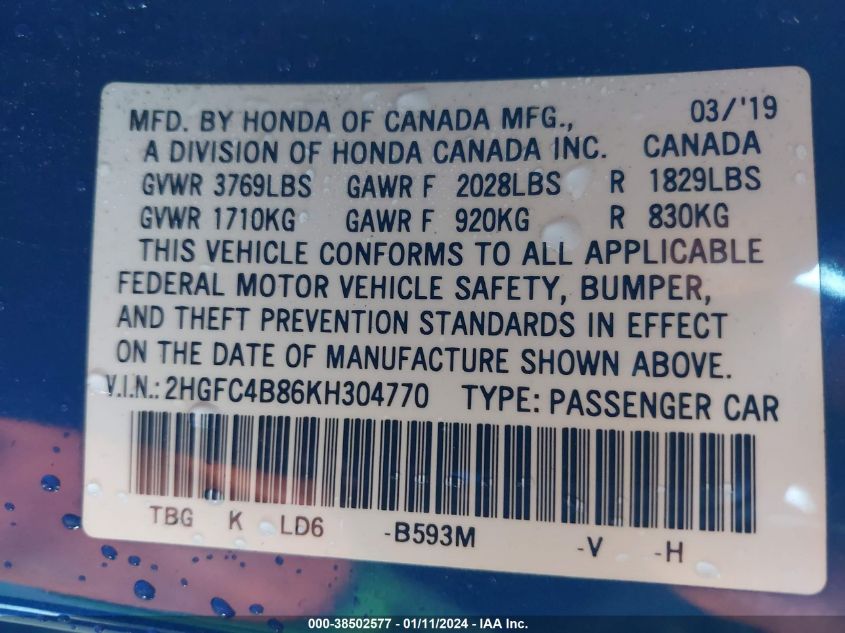 2019 HONDA CIVIC SPORT - 2HGFC4B86KH304770