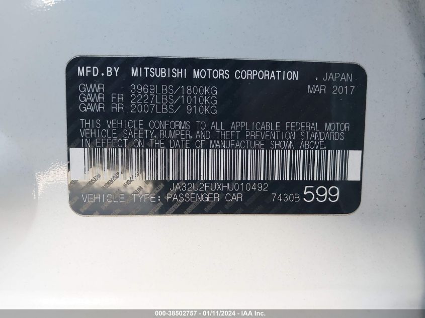 2017 MITSUBISHI LANCER ES - JA32U2FUXHU010492
