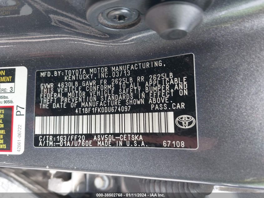 2013 TOYOTA CAMRY L/SE/LE/XLE - 4T1BF1FK0DU674097