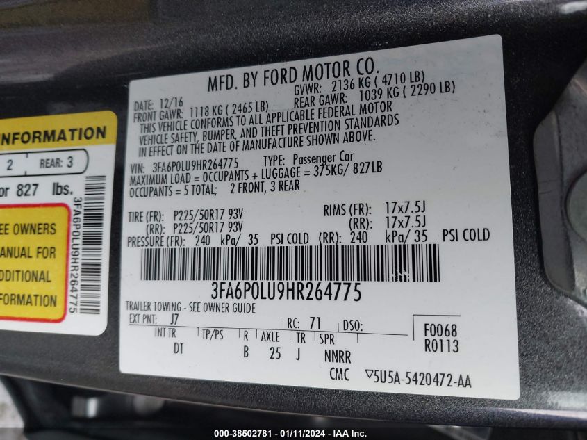 3FA6P0LU9HR264775 | 2017 FORD FUSION HYBRID