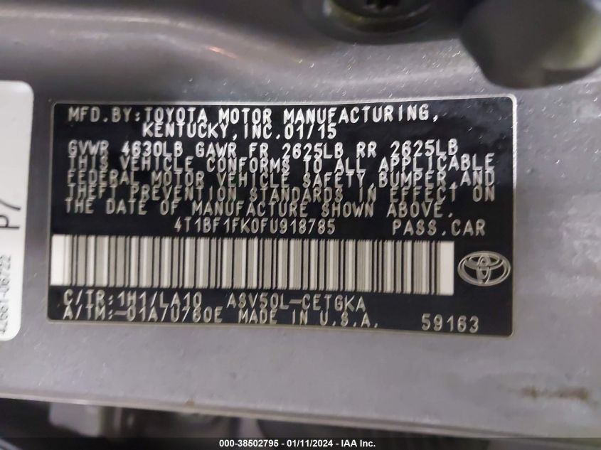 2015 TOYOTA CAMRY LE/XLE/SE/XSE - 4T1BF1FK0FU918785