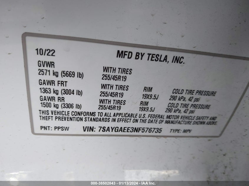 VIN 7SAYGAEE3NF576735 2022 TESLA MODEL Y LONG RANGE DUAL MOTOR ALL-WHEEL DRIVE