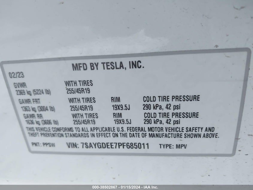VIN 7SAYGDEE7PF685011 2023 TESLA MODEL Y