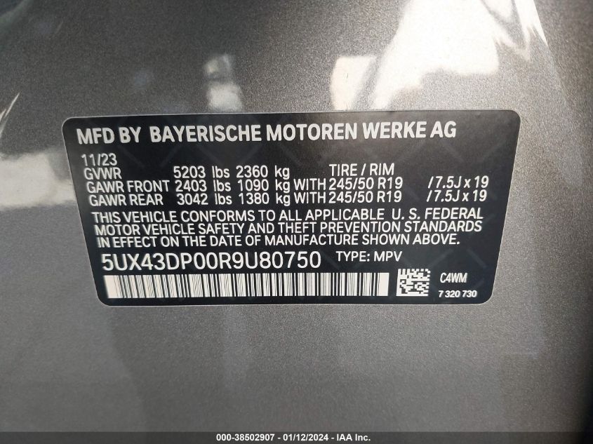 2024 BMW X3 SDRIVE30I - 5UX43DP00R9U80750