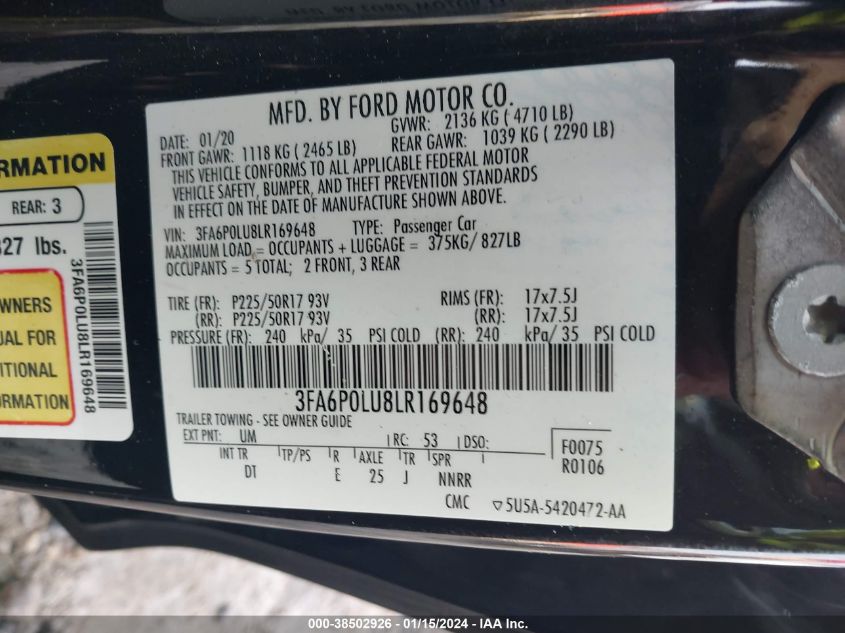 2020 FORD FUSION HYBRID SE - 3FA6P0LU8LR169648