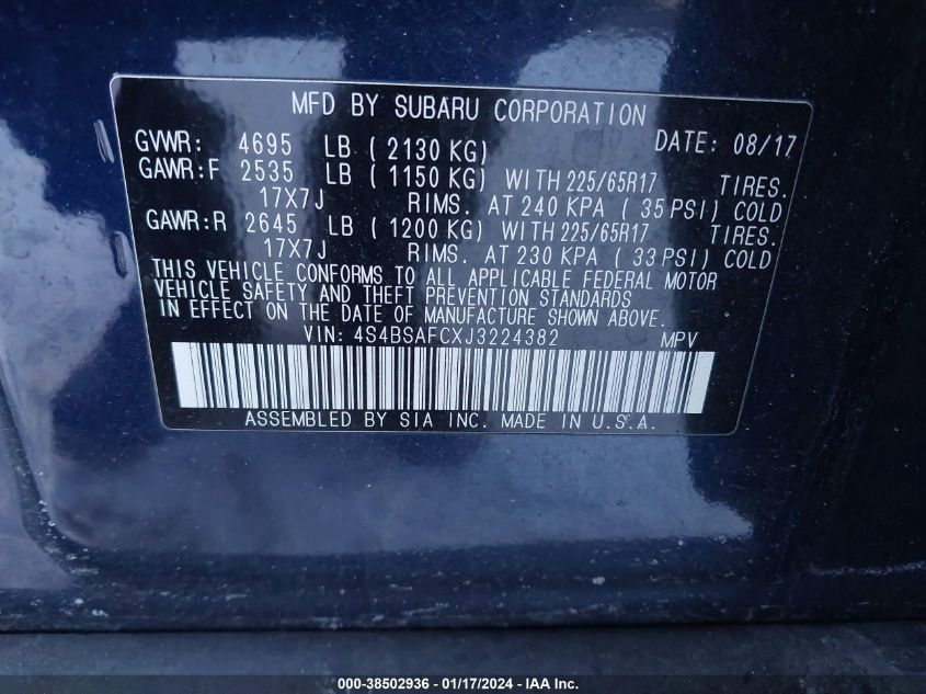2018 SUBARU OUTBACK 2.5I PREMIUM - 4S4BSAFCXJ3224382