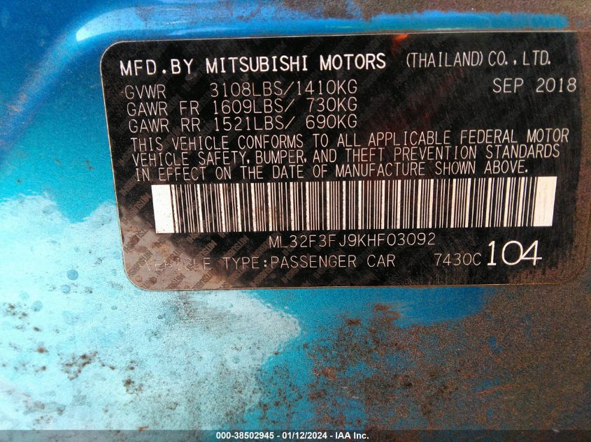 2019 MITSUBISHI MIRAGE G4 G4 ES - ML32F3FJ9KHF03092