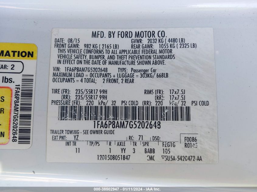 2016 FORD MUSTANG V6 - 1FA6P8AM7G5202648