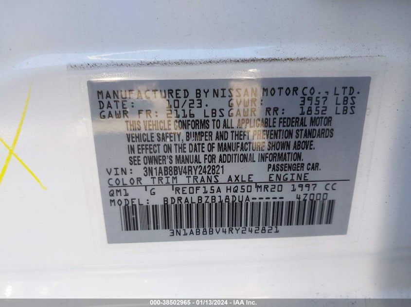VIN 3N1AB8BV4RY242821 2024 NISSAN SENTRA S XTRONIC CVT