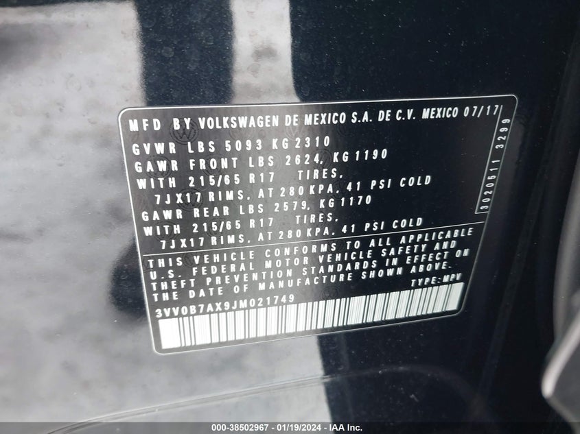 VIN 3VV0B7AX9JM021749 2018 VOLKSWAGEN TIGUAN S