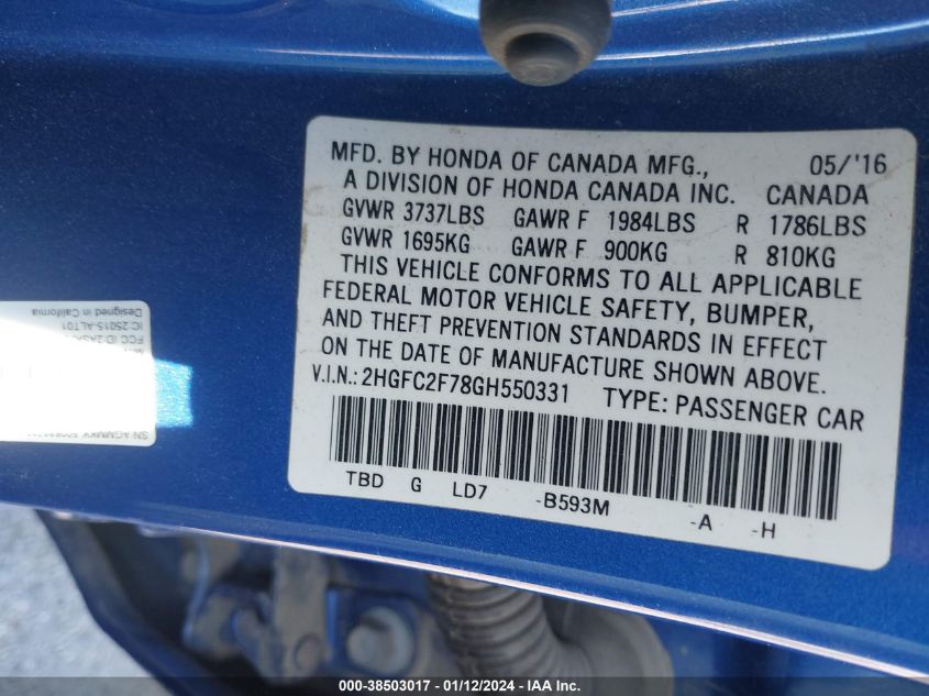 2016 HONDA CIVIC EX - 2HGFC2F78GH550331