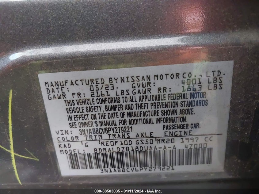VIN 3N1AB8CV6PY279221 2023 NISSAN SENTRA SV
