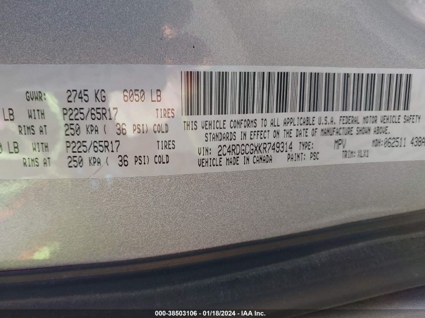 2019 DODGE GRAND CARAVAN SXT - 2C4RDGCGXKR749314