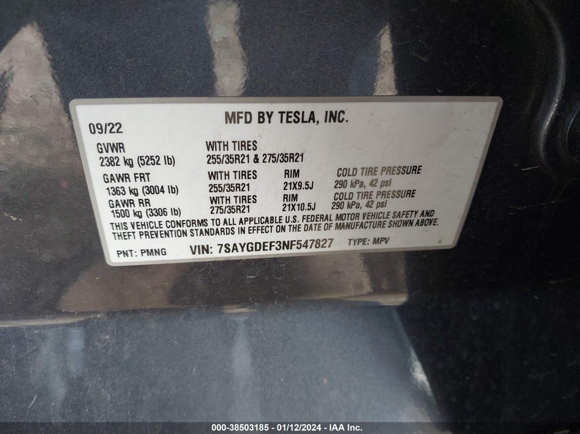 VIN 7SAYGDEF3NF547827 2022 TESLA MODEL Y PERFORMANCE DUAL MOTOR ALL-WHEEL DRIVE