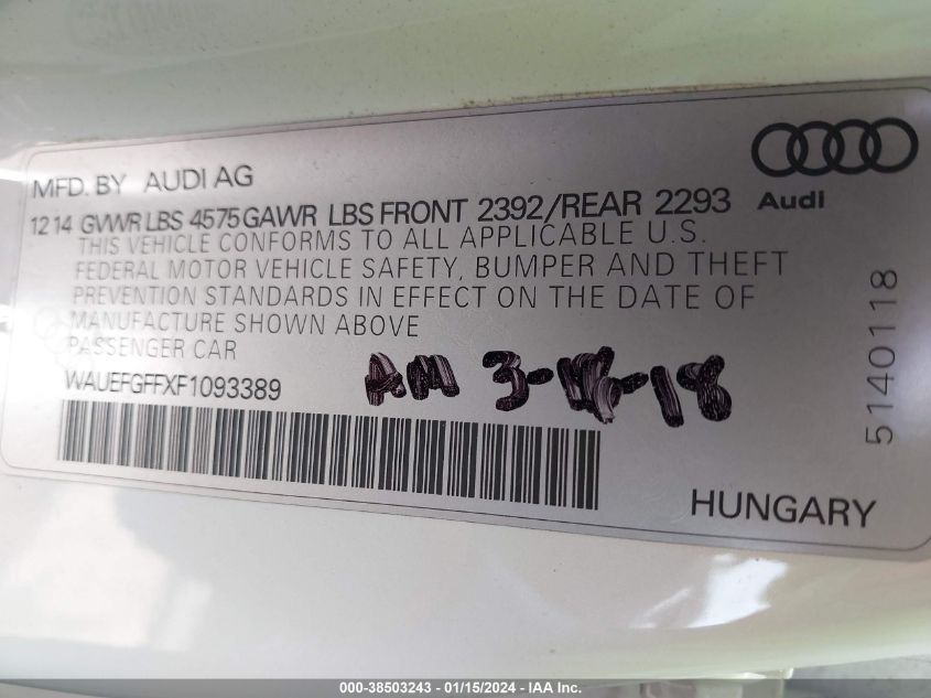 2015 AUDI A3 2.0T PREMIUM - WAUEFGFFXF1093389