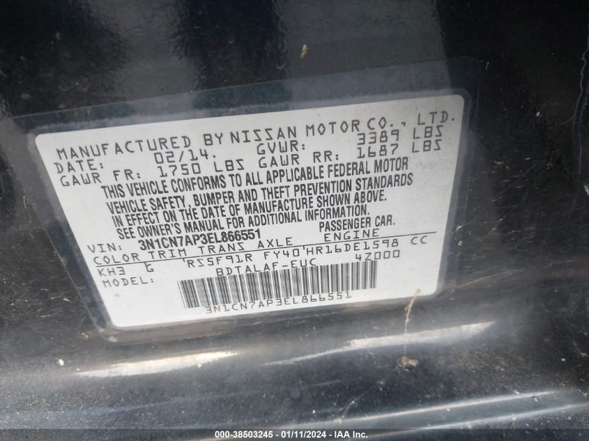 2014 NISSAN VERSA S/S PLUS/SV/SL - 3N1CN7AP3EL866551