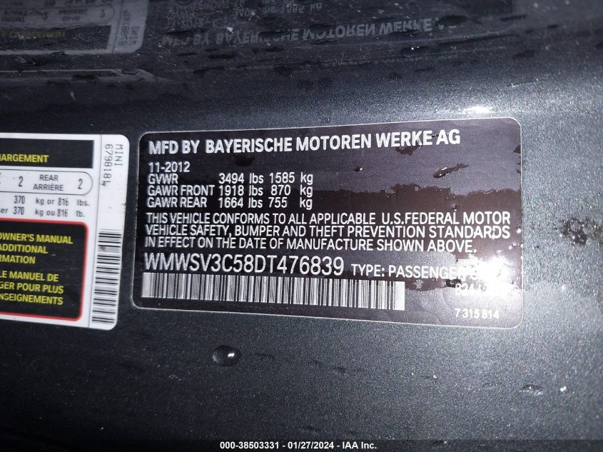 2013 MINI HARDTOP COOPER S - WMWSV3C58DT476839