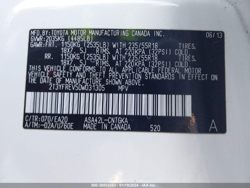 2013 TOYOTA RAV4 LIMITED - 2T3YFREV5DW031305