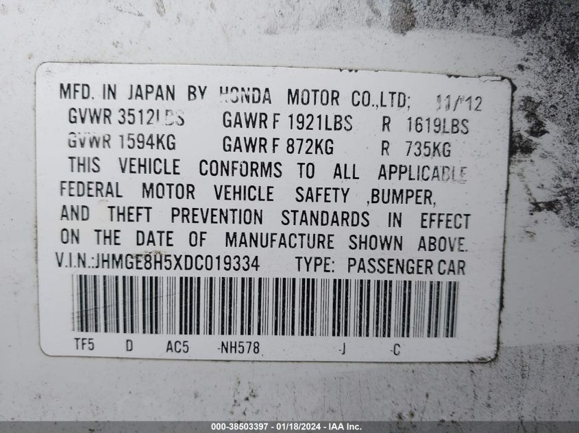 2013 HONDA FIT SPORT - JHMGE8H5XDC019334