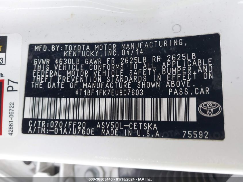 2014 TOYOTA CAMRY SE - 4T1BF1FK7EU807603