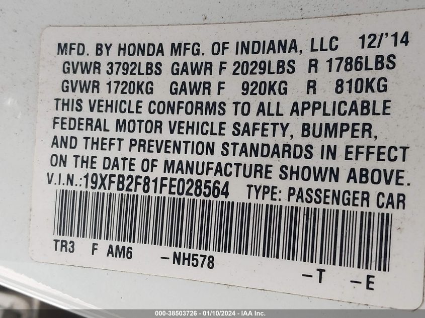 2015 HONDA CIVIC EX - 19XFB2F81FE028564
