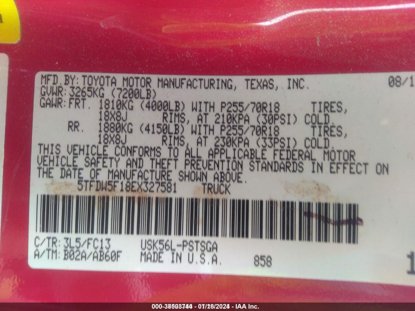 2014 TOYOTA TUNDRA SR5 5.7L V8 5TFDW5F18EX327581