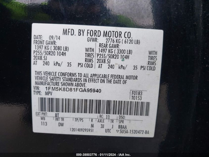 2015 FORD EXPLORER XLT - 1FM5K8D81FGA95940