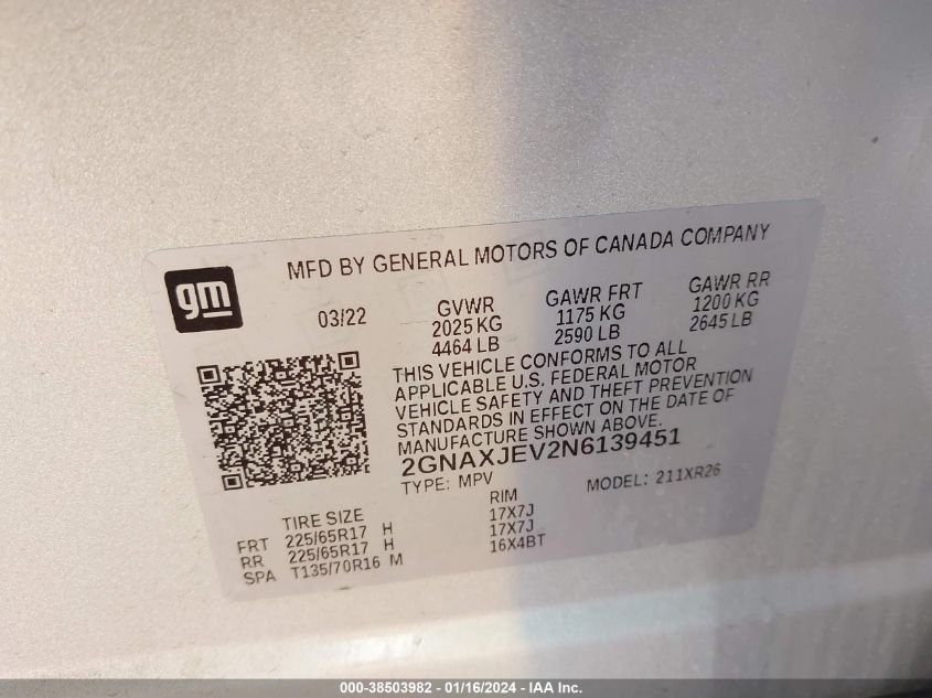 2022 CHEVROLET EQUINOX LT - 2GNAXJEV2N6139451