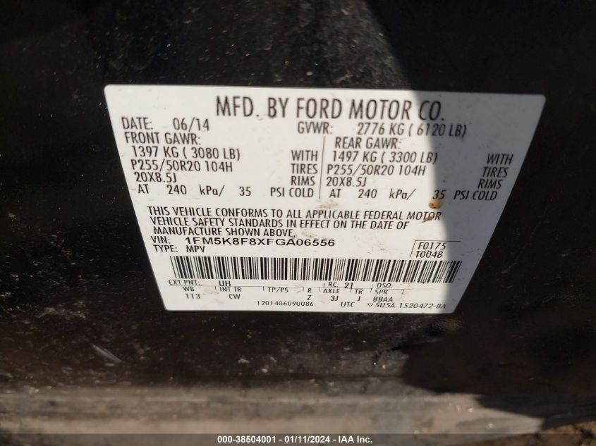 2015 FORD EXPLORER LIMITED - 1FM5K8F8XFGA06556
